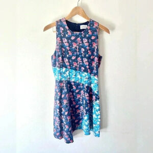 Tanya Taylor Silk Blue Floral Sleeveless  Asymmetrical Hem Mixed Pattern Dress